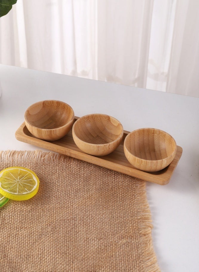 MAIDI Natural Bamboo 3-Bowl & Tray Tableware Set - Home & Restaurant Seasoning Sauce Snack Dishes, Japanese Minimalist Dessert Nut Storage Plates, Detachable Healthy Eco-Friendly Wooden Dipping Bowls - Image 5